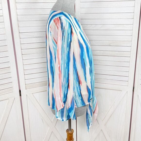 J.T.B. Paint Stroke Print Tie Front Bell Sleeve Blouse White Blue Petite Medium - Picture 3 of 13